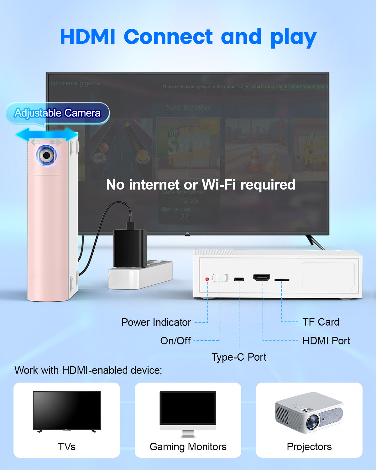 Motion Sensing Game Console - 28 Fun Games, HD Output, Family Entertainment for All Ages, Compatible with TV, PC, Projector—White&Pink