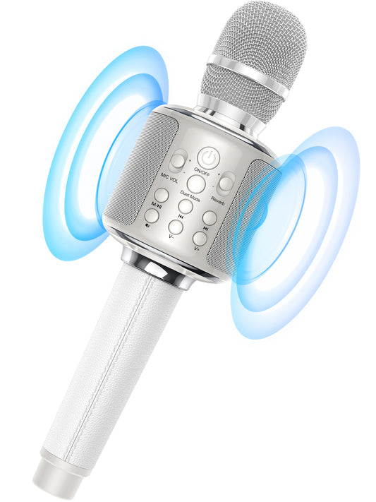 Wireless Bluetooth Karaoke Microphone, Built-in Loud Speaker for 10H Playback, Add Reverb/Duet Mode/Earbuds Monitoring, Portable Karaoke Machine for Entertainment & Singing Practice (White)