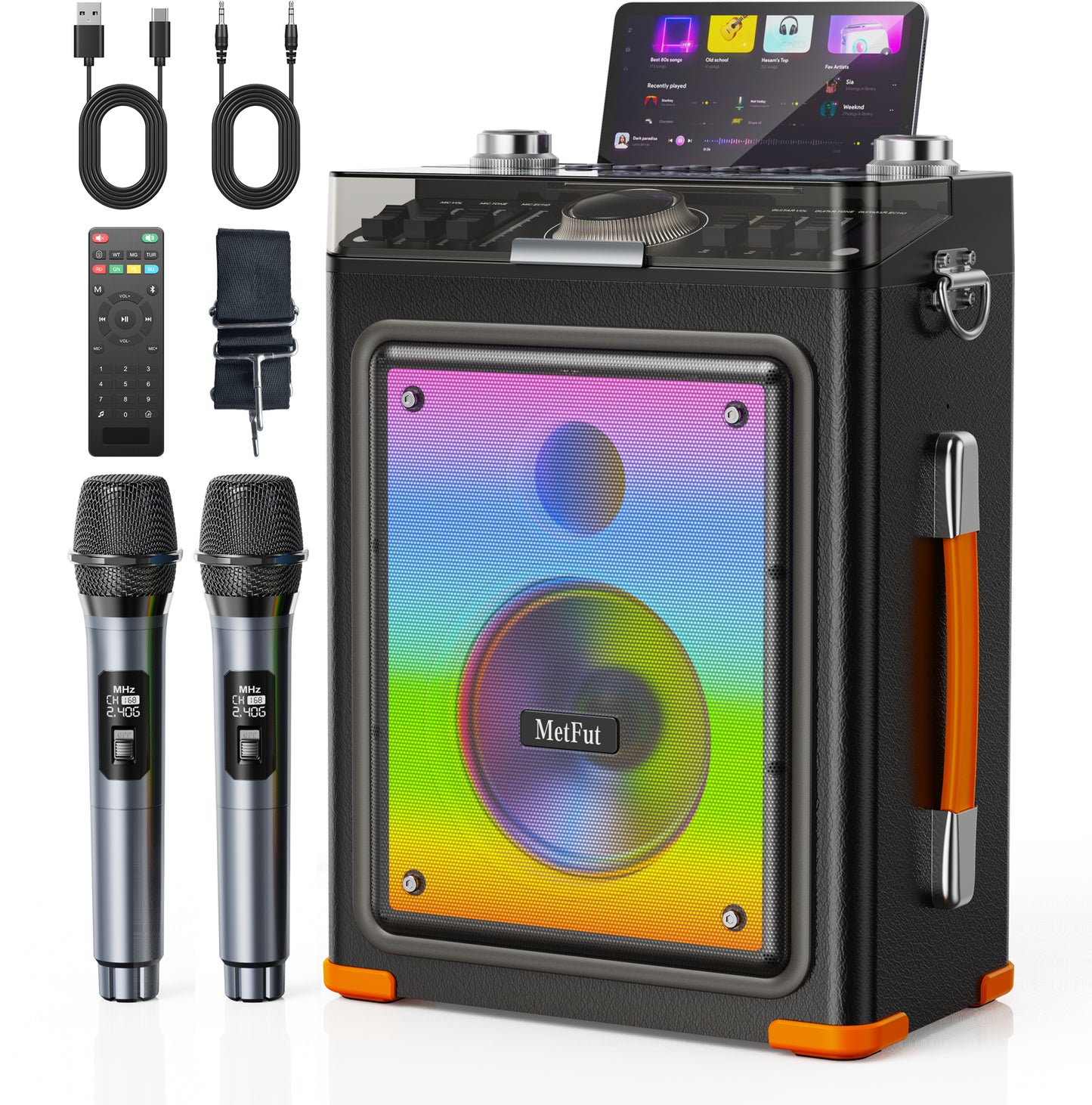 MetFut Karaoke Machine for Adults with 2 Wireless Microphones & Guitar Input, Professional Bluetooth 5.3 Speaker, Portable Wooden Karaoke PA System with Bass/Treble Adjustable for Backyard, Home Party (ORN)