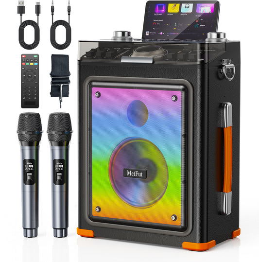 MetFut Karaoke Machine for Adults with 2 Wireless Microphones & Guitar Input, Professional Bluetooth 5.3 Speaker, Portable Wooden Karaoke PA System with Bass/Treble Adjustable for Backyard, Home Party (ORN)