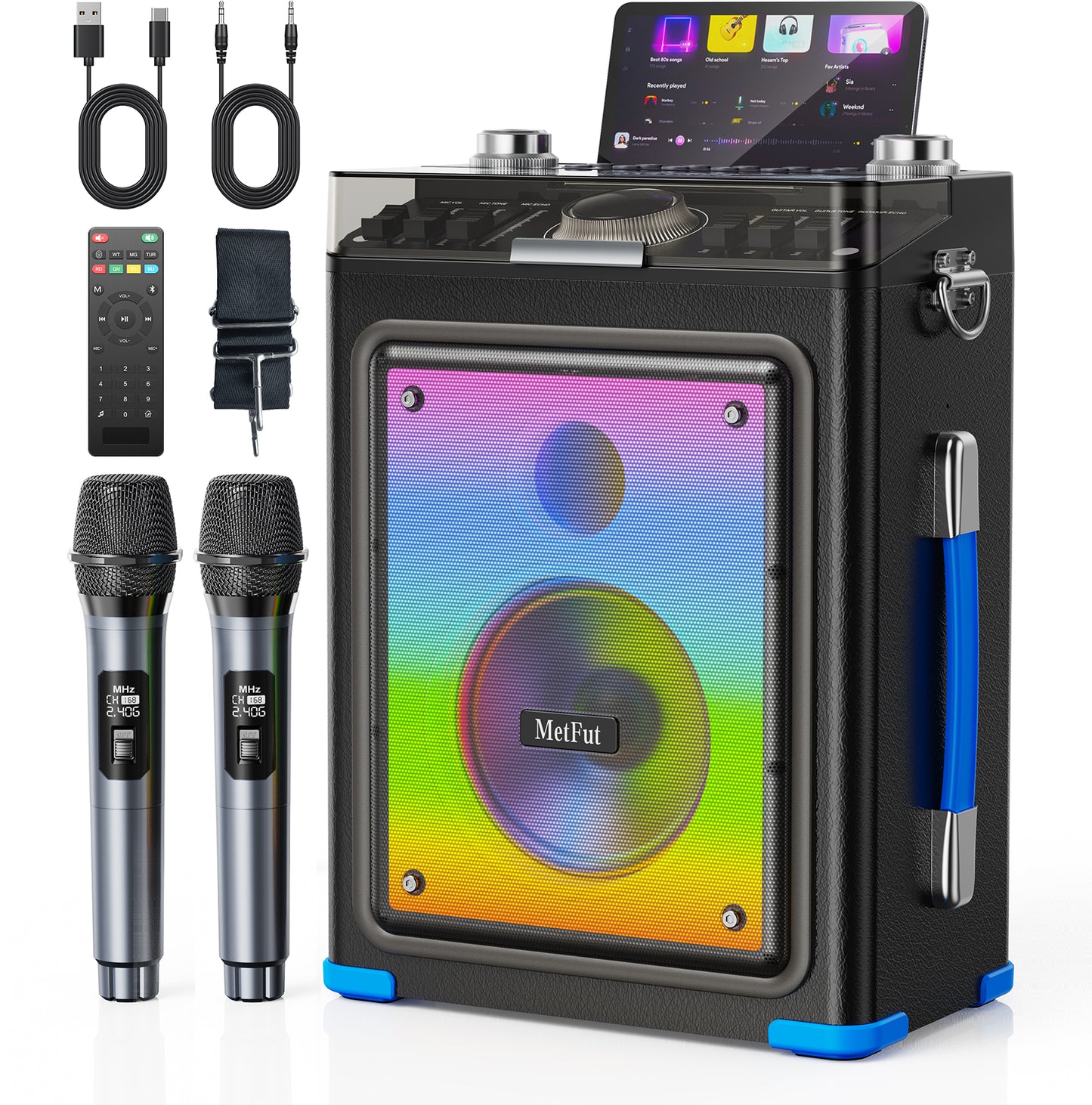 MetFut Professional Karaoke Machine for Adults with 2 Wireless Microphones and Bluetooth 5.3, Premium Wooden Speaker with Bass and Treble Control for Home Parties & Outdoor (BLUE)