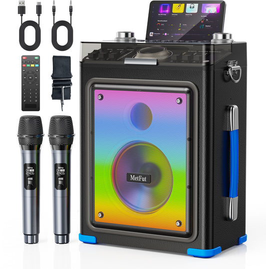 MetFut Professional Karaoke Machine for Adults with 2 Wireless Microphones and Bluetooth 5.3, Premium Wooden Speaker with Bass and Treble Control for Home Parties & Outdoor (BLUE)