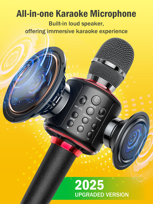 Wireless Bluetooth Karaoke Microphone, Built-in Loud Speaker for 10H Playback, Add Reverb/Duet Mode/Earbuds Monitoring, Portable Karaoke Machine for Entertainment & Singing Practice (Black&Red)