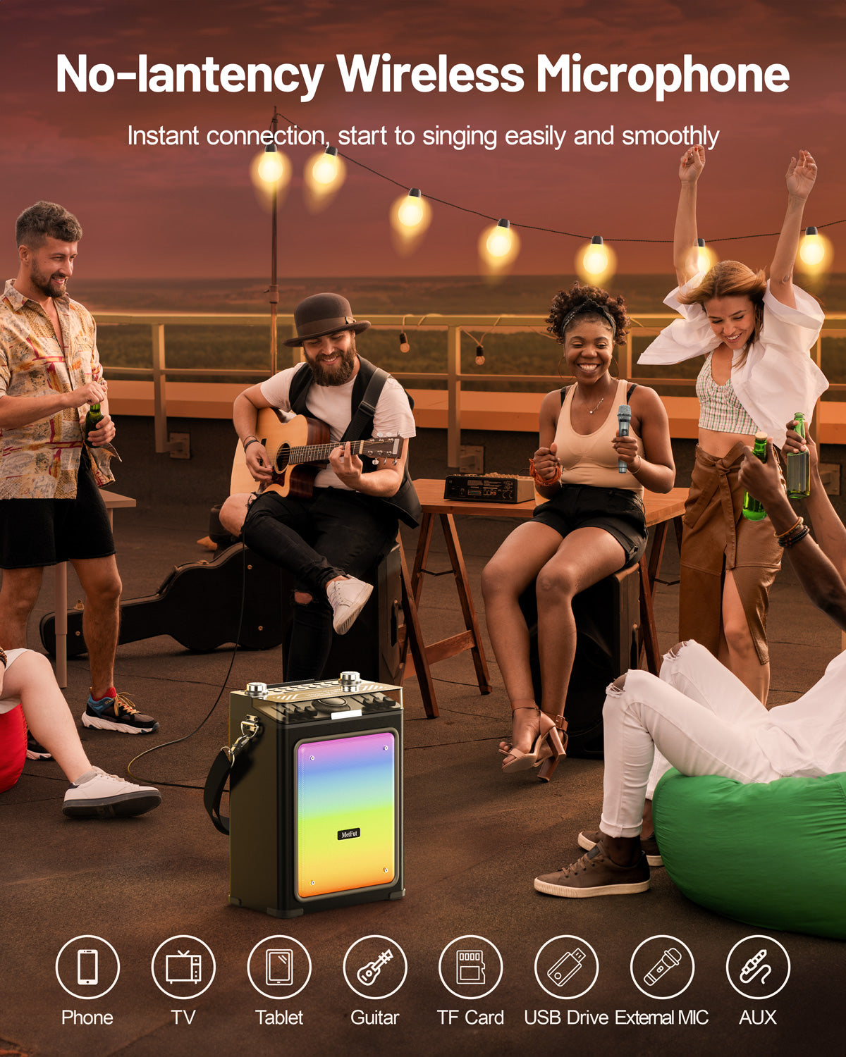 MetFut Karaoke Machine for Adults with 2 Wireless Microphones & Guitar Input, Professional Bluetooth 5.3 Speaker, Portable Wooden Karaoke PA System with Bass/Treble Adjustable for Backyard, Home Party (Black)