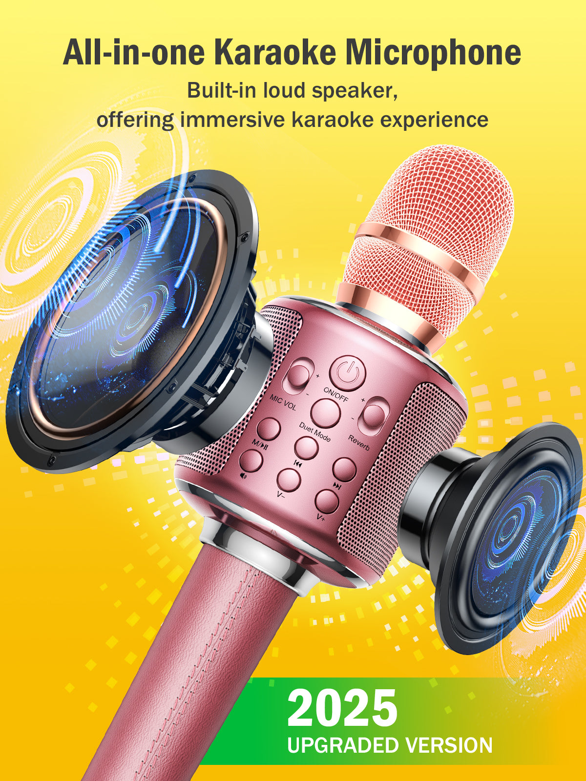 Wireless Bluetooth Karaoke Microphone, Built-in Loud Speaker for 10H Playback, Add Reverb/Duet Mode/Earbuds Monitoring, Portable Karaoke Machine for Entertainment & Singing Practice (Rose Gold)