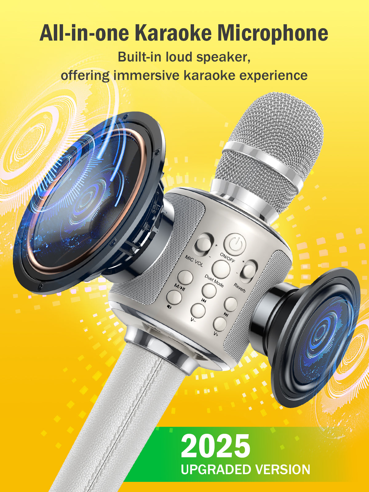 Wireless Bluetooth Karaoke Microphone, Built-in Loud Speaker for 10H Playback, Add Reverb/Duet Mode/Earbuds Monitoring, Portable Karaoke Machine for Entertainment & Singing Practice (White)
