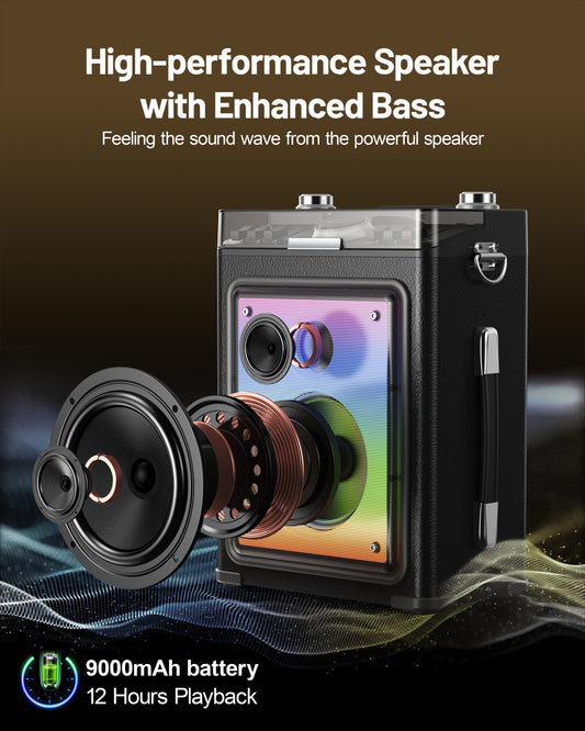 MetFut Professional Karaoke Machine for Adults with 2 Wireless Microphones and Bluetooth 5.3, Premium Wooden Speaker with Bass and Treble Control for Home Parties & Outdoor (Black)