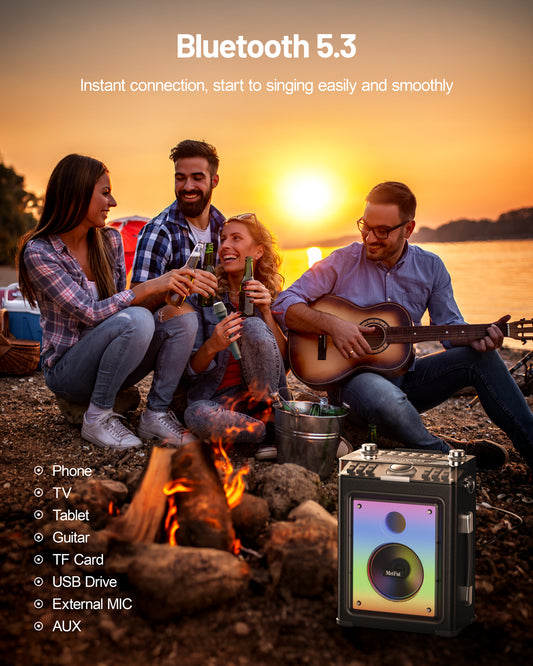 MetFut Karaoke Machine for Adults with 2 Wireless Microphones & Guitar Input, Professional Bluetooth 5.3 Speaker, Portable Wooden Karaoke PA System with Bass/Treble Adjustable for Backyard, Home Party (ORN)