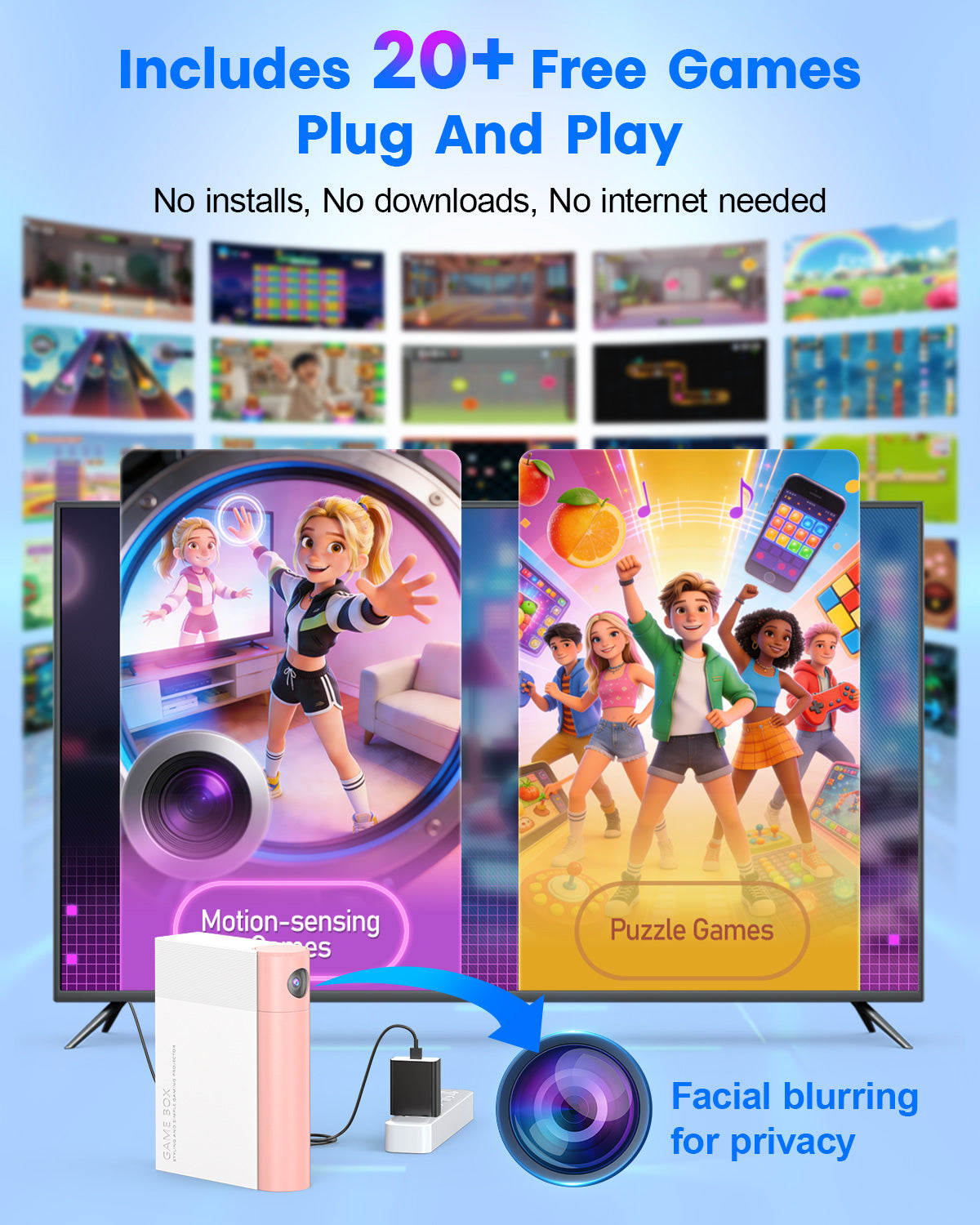 Motion Sensing Game Console - 28 Fun Games, HD Output, Family Entertainment for All Ages, Compatible with TV, PC, Projector—White&Pink