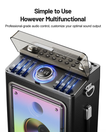 MetFut Professional Karaoke Machine for Adults with 2 Wireless Microphones and Bluetooth 5.3, Premium Wooden Speaker with Bass and Treble Control for Home Parties & Outdoor (Black)