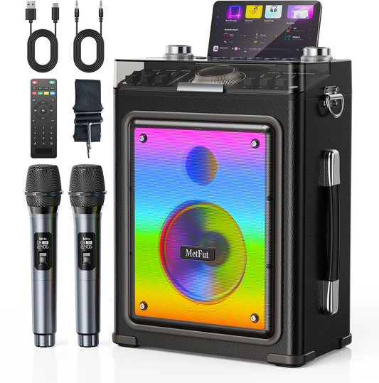 MetFut Professional Karaoke Machine for Adults with 2 Wireless Microphones and Bluetooth 5.3, Premium Wooden Speaker with Bass and Treble Control for Home Parties & Outdoor (Black)