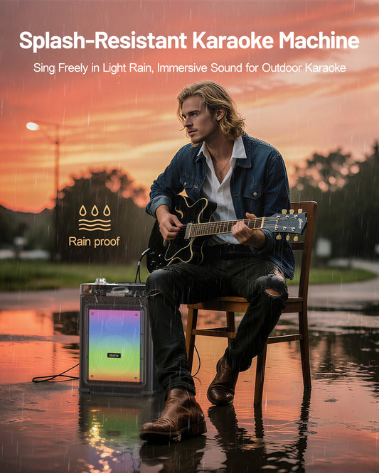 MetFut Karaoke Machine for Adults with 2 Wireless Microphones & Guitar Input, Professional Bluetooth 5.3 Speaker, Portable Wooden Karaoke PA System with Bass/Treble Adjustable for Backyard, Home Party (Black)